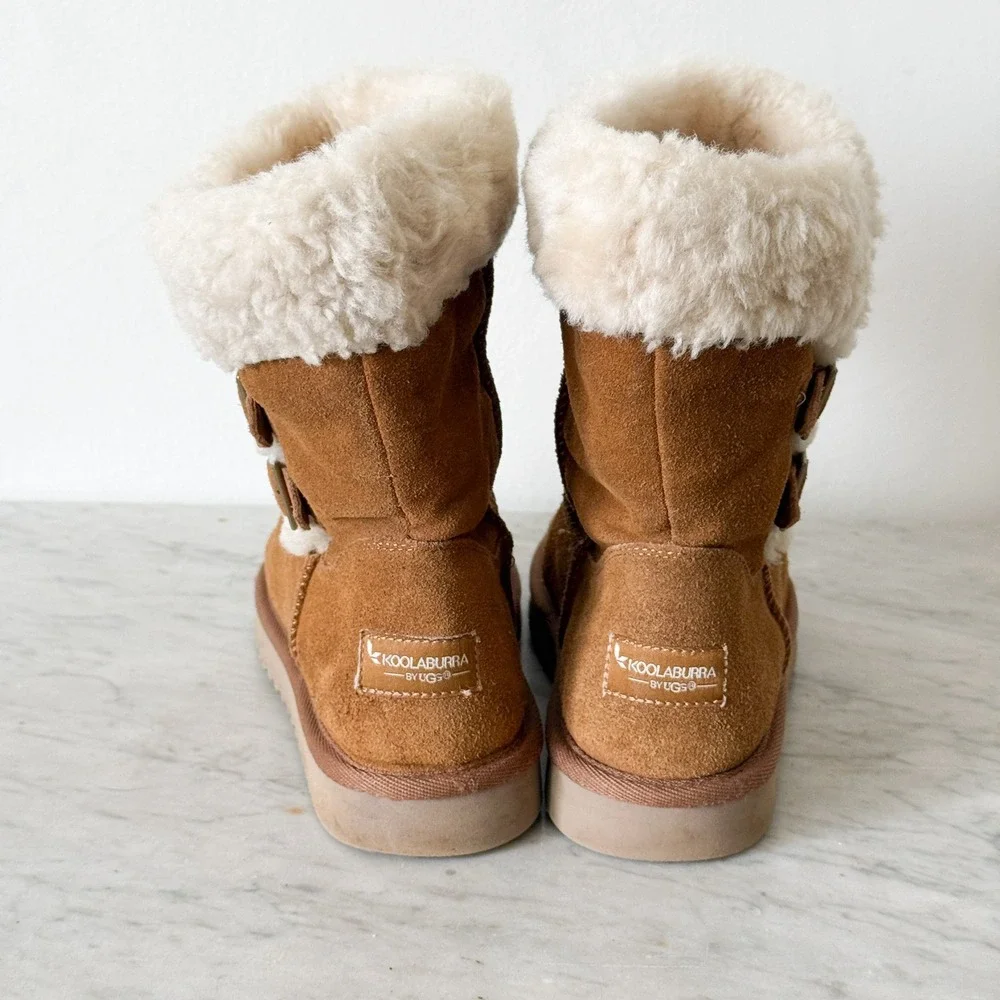 Koolaburra by UGG Victoria Short Chestnut Suede Faux Fur Buckle Boots Womens 8